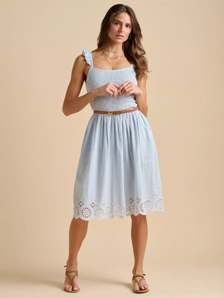Fossil Stripe Broderie Knee Length Sun Dress | Blue/White