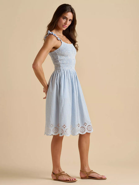 Fossil Stripe Broderie Knee Length Sun Dress | Blue/White