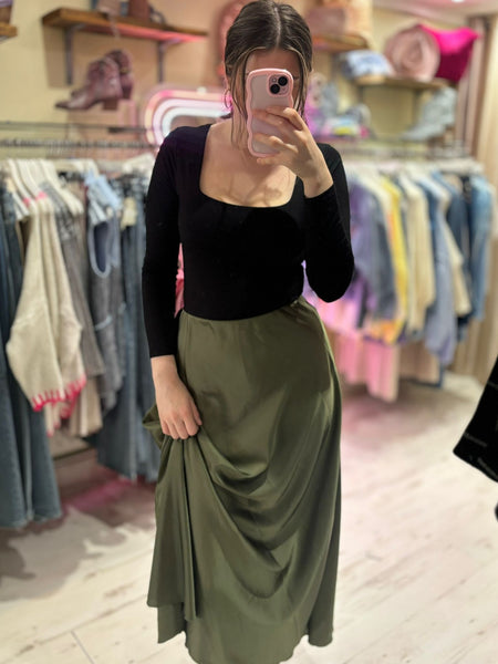 Ashley Satin Maxi Skirt | Khaki