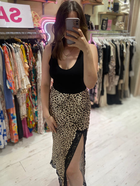 Leopard Satin Midi Skirt with Lace Split