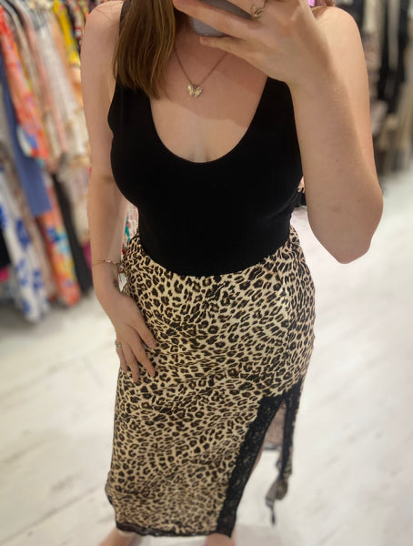 Leopard Satin Midi Skirt with Lace Split