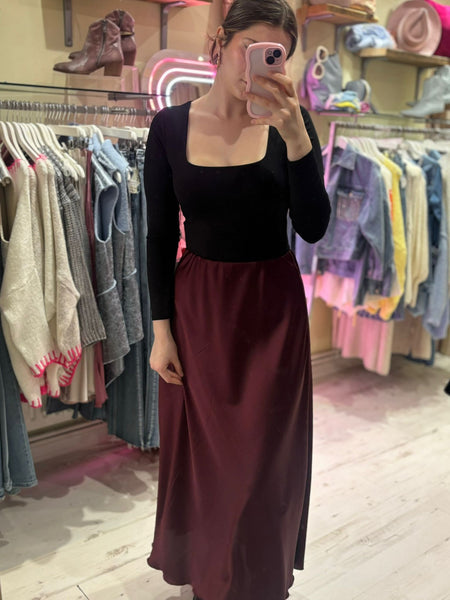 Ashley Satin Maxi Skirt | Burgundy