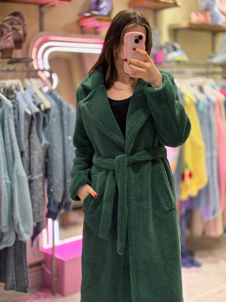 Teddy Long Belted Wrap Coat | Forest Green