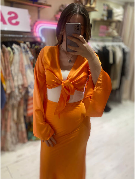 Satin 2-Piece Midi Skirt and Fluted Sleeve Top | Orange