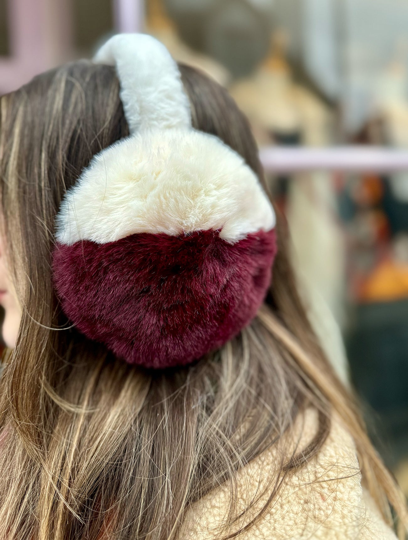 Two-Tone Fluffy Faux Fur Earmuffs | Burgundy/Cream