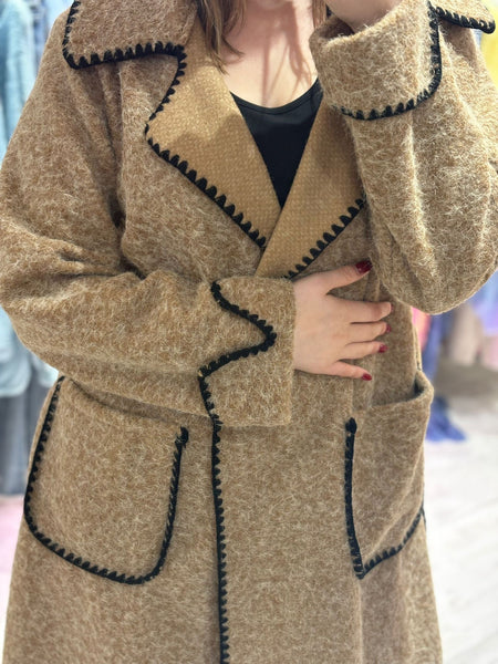 Embroidered Edge Detail Wrap Coat | Camel