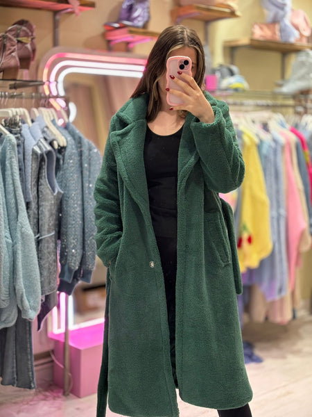 Teddy Long Belted Wrap Coat | Forest Green