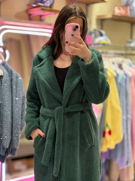 Teddy Long Belted Wrap Coat | Forest Green