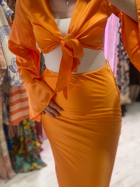 Satin 2-Piece Midi Skirt and Fluted Sleeve Top | Orange