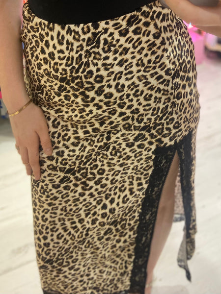 Leopard Satin Midi Skirt with Lace Split