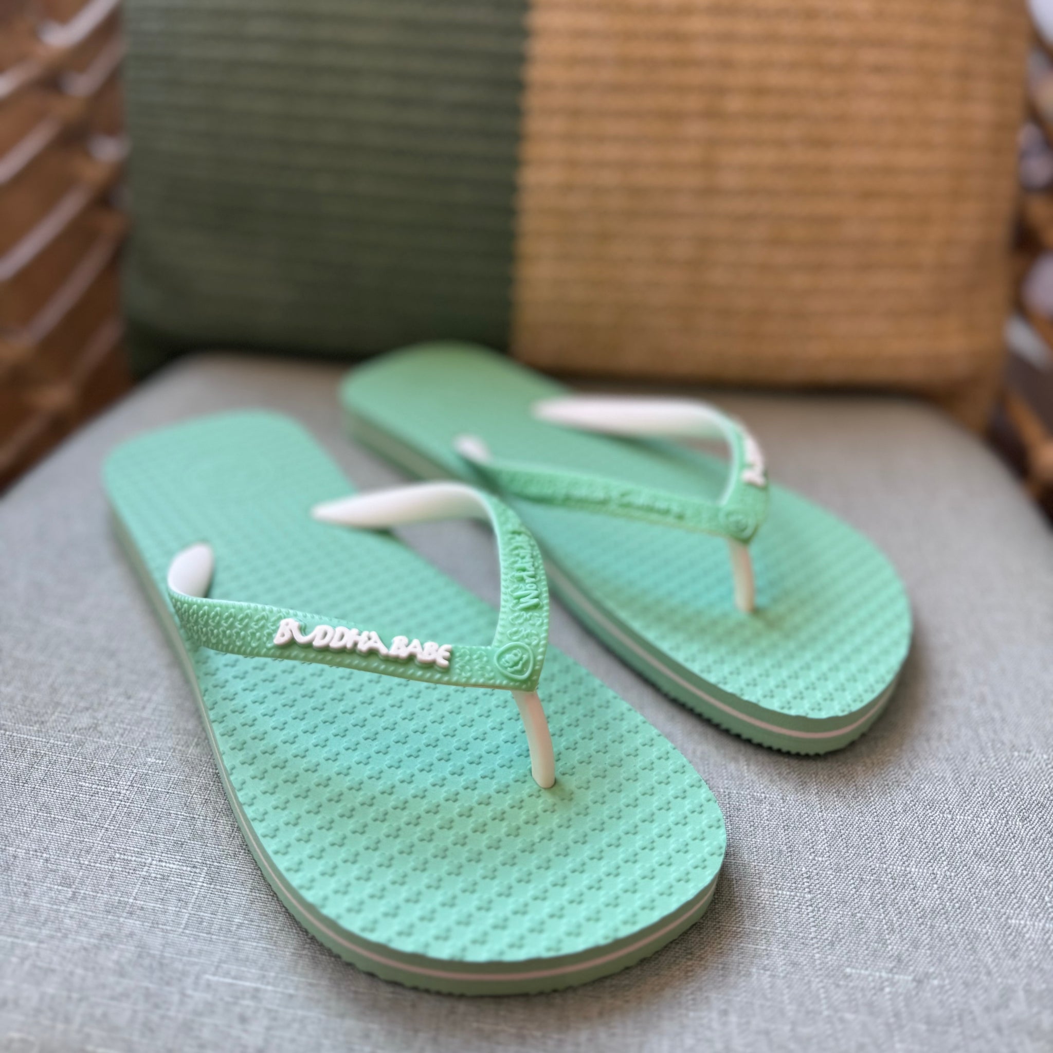 Mint green flip flops on sale