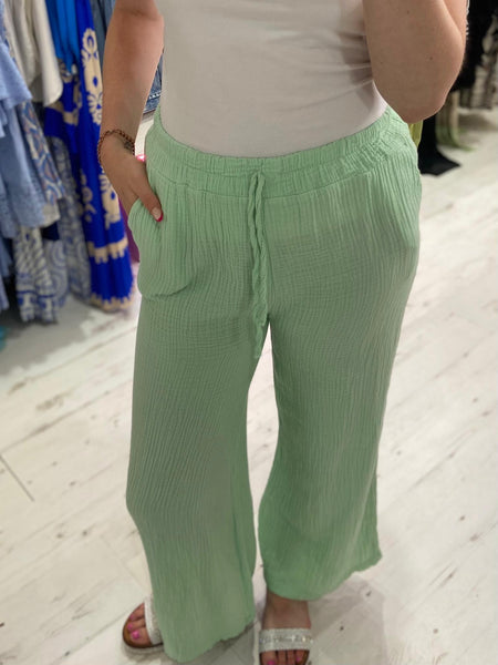 Cotton Cheesecloth Wide Leg Trousers | Mint