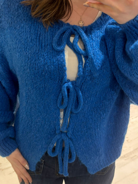 Tie Front Chunky Knit Cardigan | Electric Blue