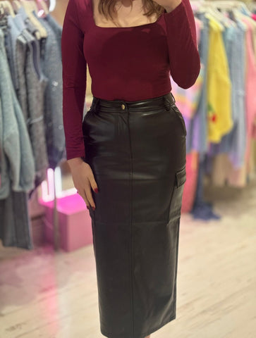 Faux Leather Cargo Midi Skirt | Black