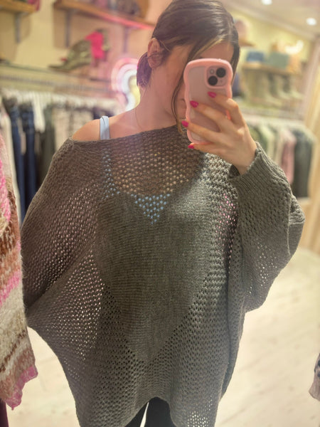 Knitted Heart Oversized Jumper | Grey