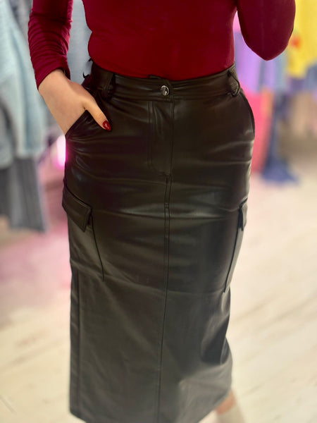 Faux Leather Cargo Midi Skirt | Black