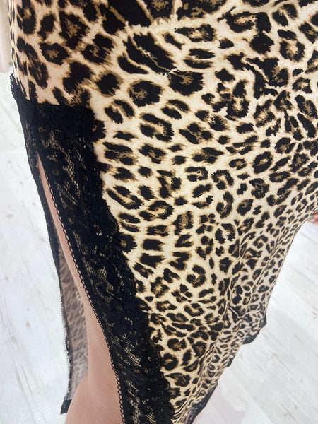 Leopard Satin Midi Skirt with Lace Split