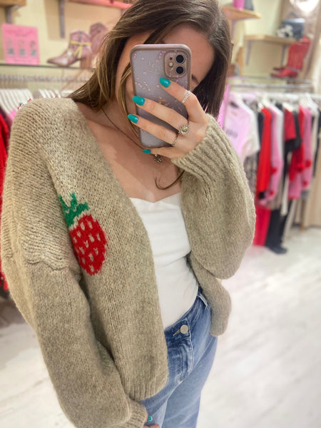 Good Vibes Strawberry Cardigan | Oatmeal