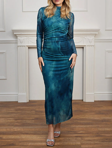 Watercolour Bodycon Long Sleeved Midi Dress | Teal