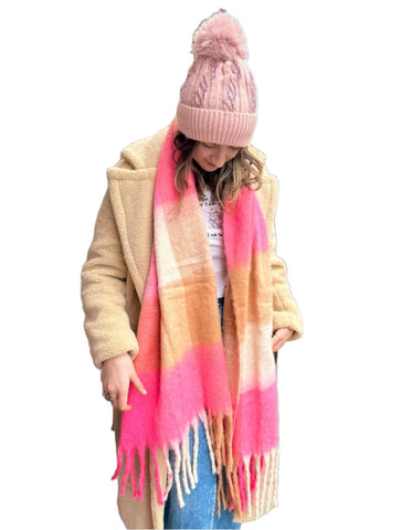 Soft Tassel Blanket Scarf | Pink Check Multi