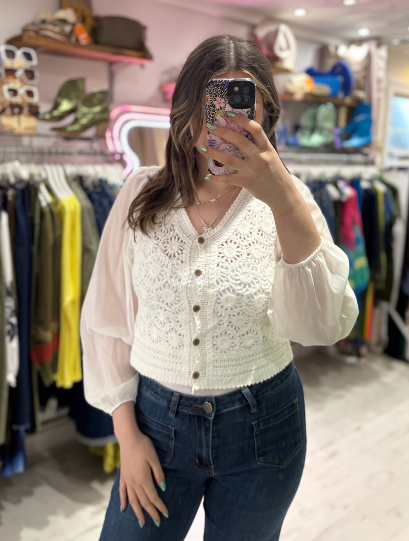 Stevie Sheer Sleeve Crochet Cardigan | Off White