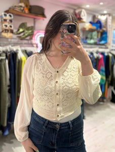 Stevie Sheer Sleeve Crochet Cardigan | Cream
