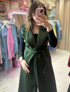 Long Sleeveless Wrap Coat | Olive Green