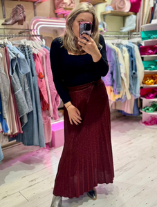 Glitter Pleated Maxi Skirt | Burgundy