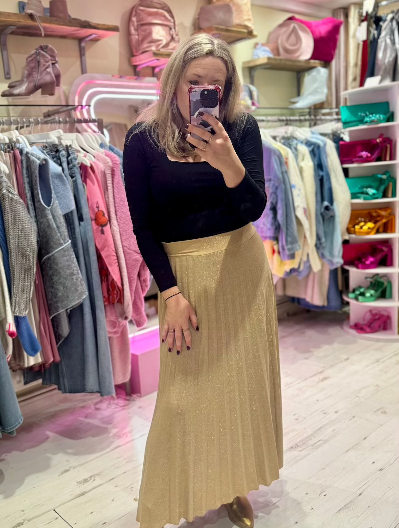 Glitter Pleated Maxi Skirt | Gold