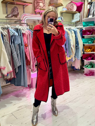 Embroidered Edge Detail Wrap Coat | Red