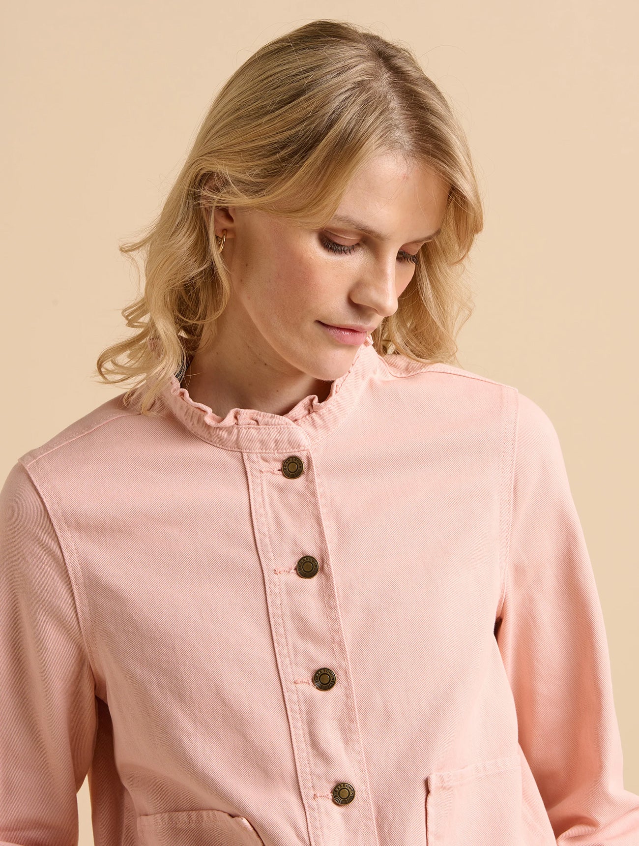 Frill Neck Denim Jacket | Pale Pink