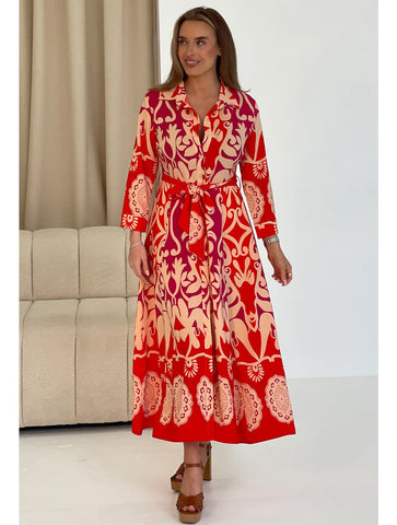 Angela Abstract Border Print Maxi Shirt Dress | Red Multi