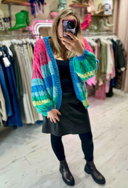 Rainbow Stripe Knitted Balloon Sleeve Cardigan | Multi