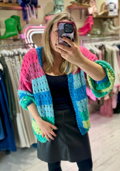 Rainbow Stripe Knitted Balloon Sleeve Cardigan | Multi