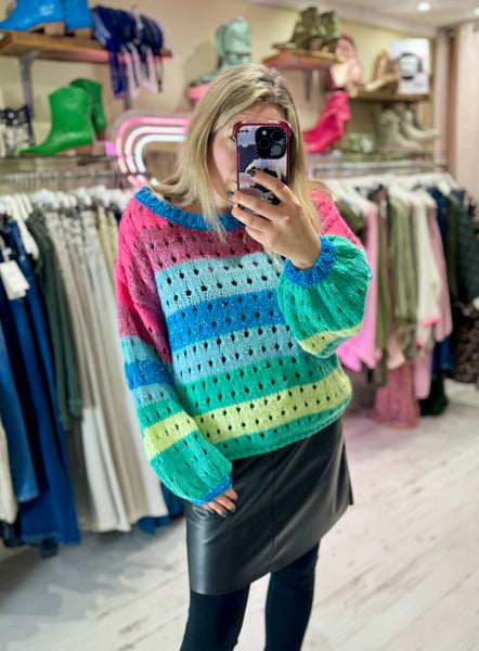 Rainbow Stripe Knitted Balloon Sleeve Jumper | Multi