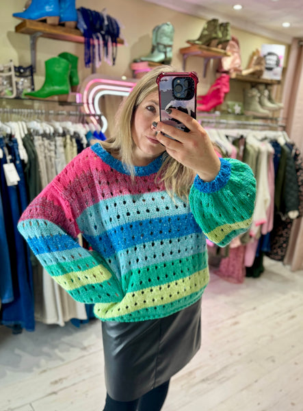 Rainbow Stripe Knitted Balloon Sleeve Jumper | Multi