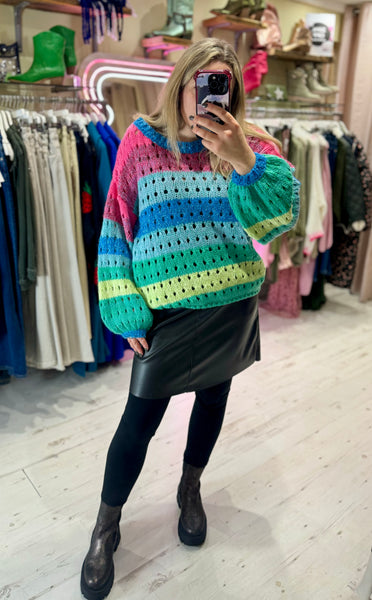 Rainbow Stripe Knitted Balloon Sleeve Jumper | Multi