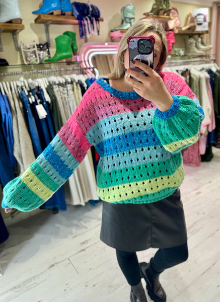 Rainbow Stripe Knitted Balloon Sleeve Jumper | Multi