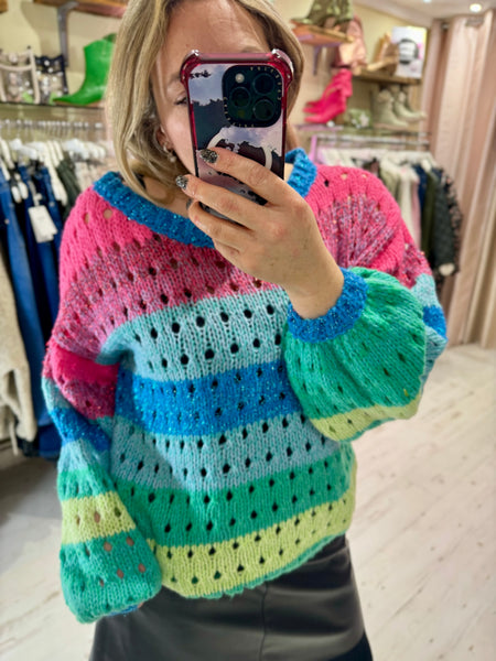 Rainbow Stripe Knitted Balloon Sleeve Jumper | Multi