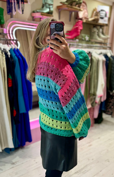 Rainbow Stripe Knitted Balloon Sleeve Jumper | Multi