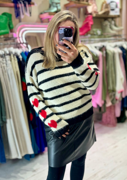 'She Wears Her Heart On Her Sleeve' Stripe Sweater | Black/Cream