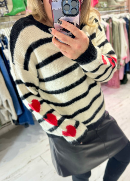 'She Wears Her Heart On Her Sleeve' Stripe Sweater | Black/Cream