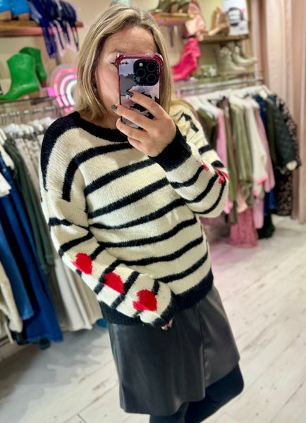 'She Wears Her Heart On Her Sleeve' Stripe Sweater | Black/Cream