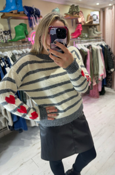 'She Wears Her Heart On Her Sleeve' Stripe Sweater | Grey/Cream