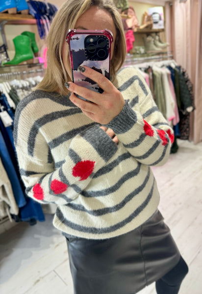 'She Wears Her Heart On Her Sleeve' Stripe Sweater | Grey/Cream