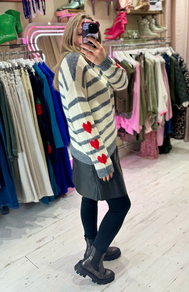 'She Wears Her Heart On Her Sleeve' Stripe Sweater | Grey/Cream