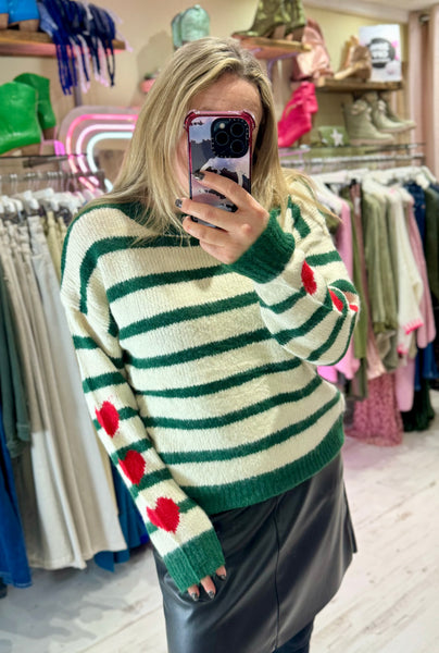 'She Wears Her Heart On Her Sleeve' Stripe Sweater | Green/Cream