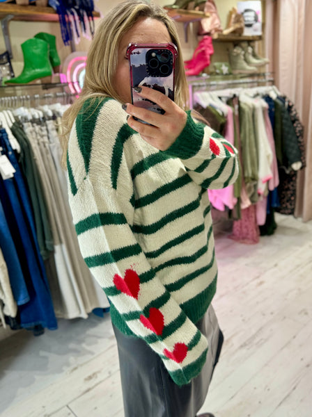 'She Wears Her Heart On Her Sleeve' Stripe Sweater | Green/Cream