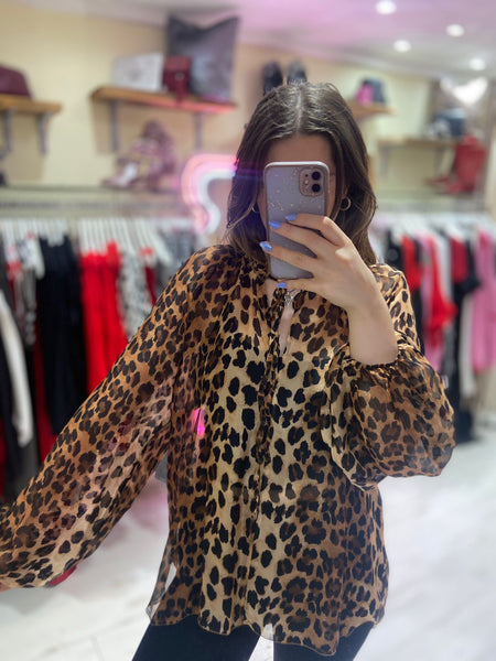 Animal Print Tie-Up Blouse