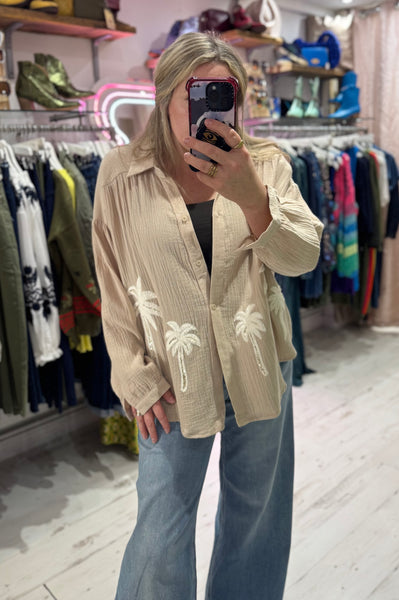Cotton Cheesecloth Palm Detail Shirt | Oatmeal